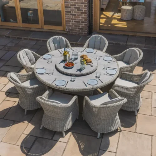 Oxford 8 Seat Round Dining Set with Heritage Dining Chairs & Woven Lazy Susan - Ceramic Glass