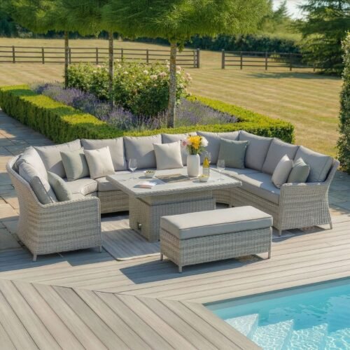 A Oxford Royal U-Shaped Rattan Sofa Set with Rising Table - Ceramic Glass