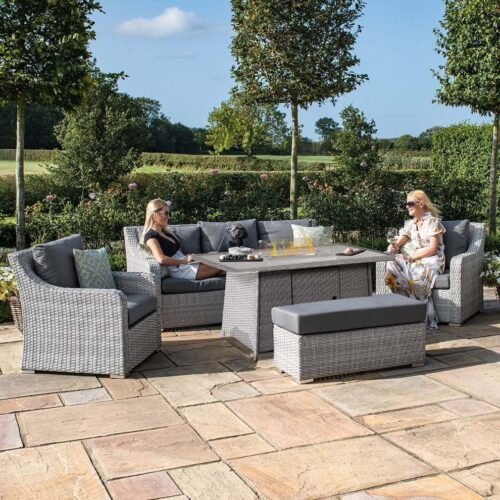 B 3 Seat Rattan Sofa Dining Set with Fire Pit Table & Weatherproof Cushions
