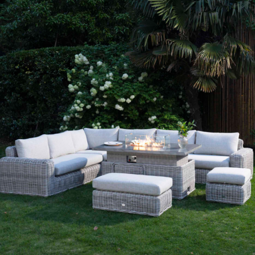 Bellagio Round Wicker Large Corner Casual Dining Set with Rising Firepit Table, Light Grey