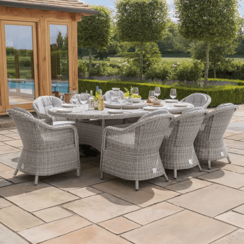 Oxford 8 Seat Oval Dining Set with Heritage Dining Chairs & Woven Lazy Susan - Ceramic Glass