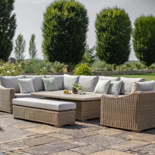 1 Fairford Rattan L-Shape Sofa with Rectangle Piston Adjustable Height Table, Bench & Chair – Covers Included for Free