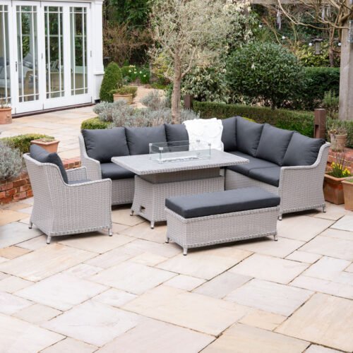 1 Talia L-Shaped Corner Rattan Lounge Dining Set with Armchair and Bench - Rising Gas Fire Pit Table in White Wash
