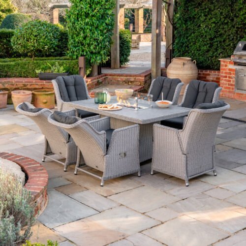 6 Seat Rattan Reclining Dining Set - Rectangular Gas Fire Pit Table in White Wash