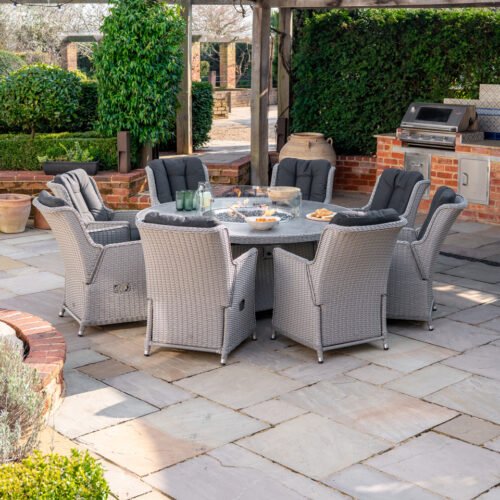 8 Seat Rattan Reclining Dining Set - Round Gas Fire Pit Table in White Wash