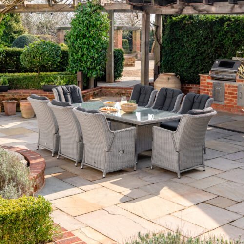 8 Seat Rattan Reclining Dining Set - Rectangular Gas Fire Pit Table in White Wash