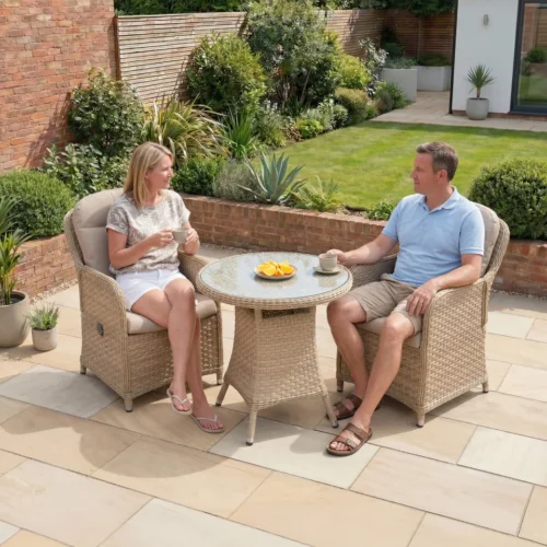 A Audrey 2 Seat Rattan Reclining Bistro Set - Round Table in Sahara