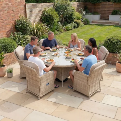 Audrey 6 Seat Rattan Reclining Dining Set - Round Table in Sahara