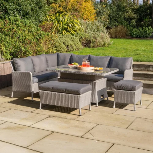 1 Amily L-Shaped Corner Rattan Lounge Dining Set with Stool and Bench - Rising Table in Moon Grey